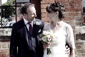 Black and white bride and groom portrait