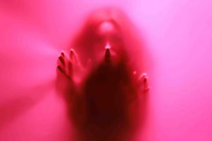 pink silhouette portrait with a model behind a sheer fabric