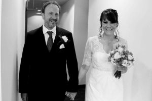 Black and white bride and groom portrait