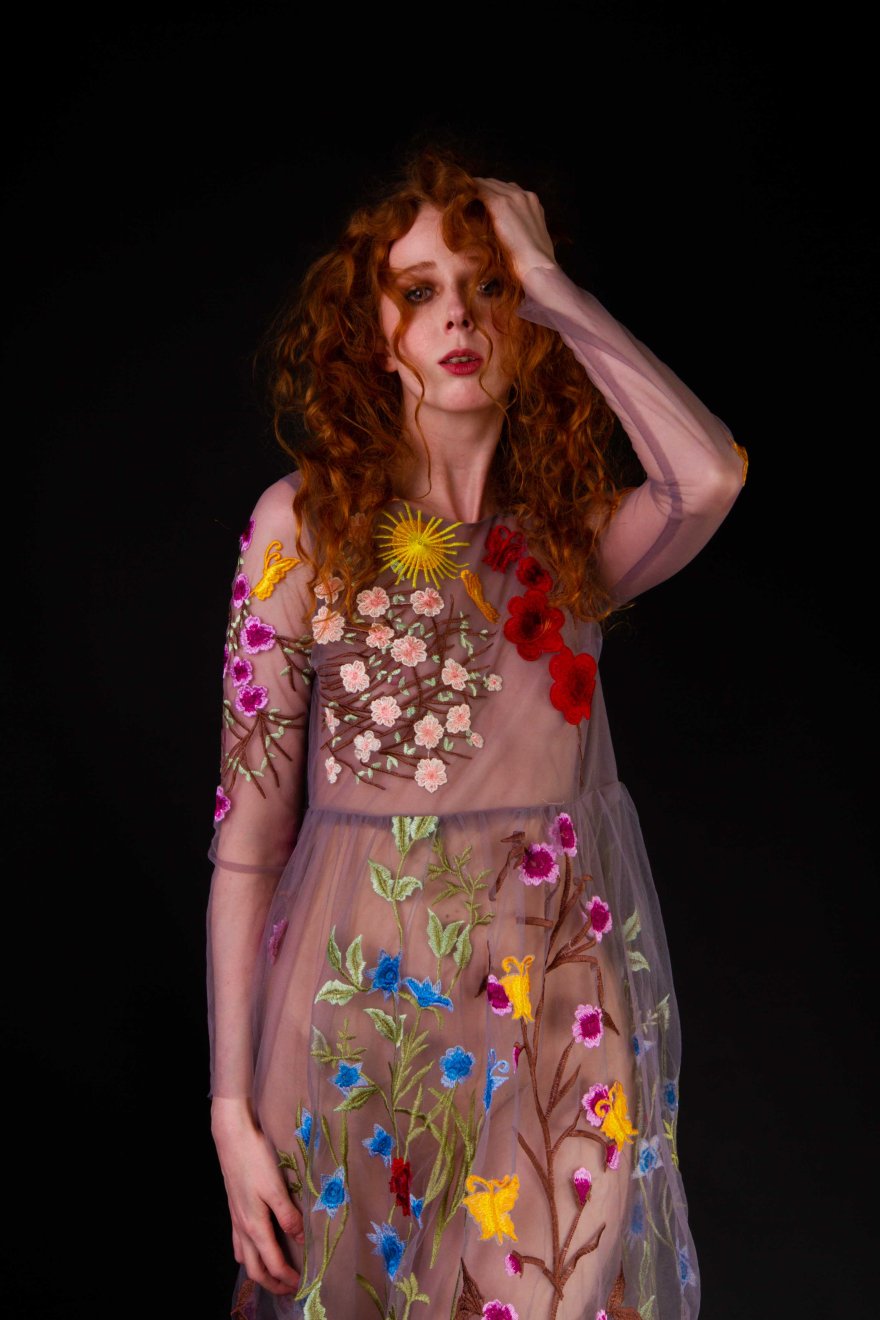 Ginger model portrait in sheer floral dress